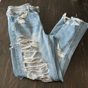 American Eagle, size 2 mom jean with lots of distressing, light wash